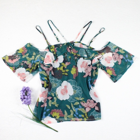 Boutique Tops - NEW Green Floral Double Strap Cold Shoulder Blouse